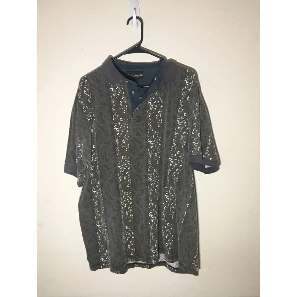 Mens New River Polo Size Large Brown White Crackled Design Patterned